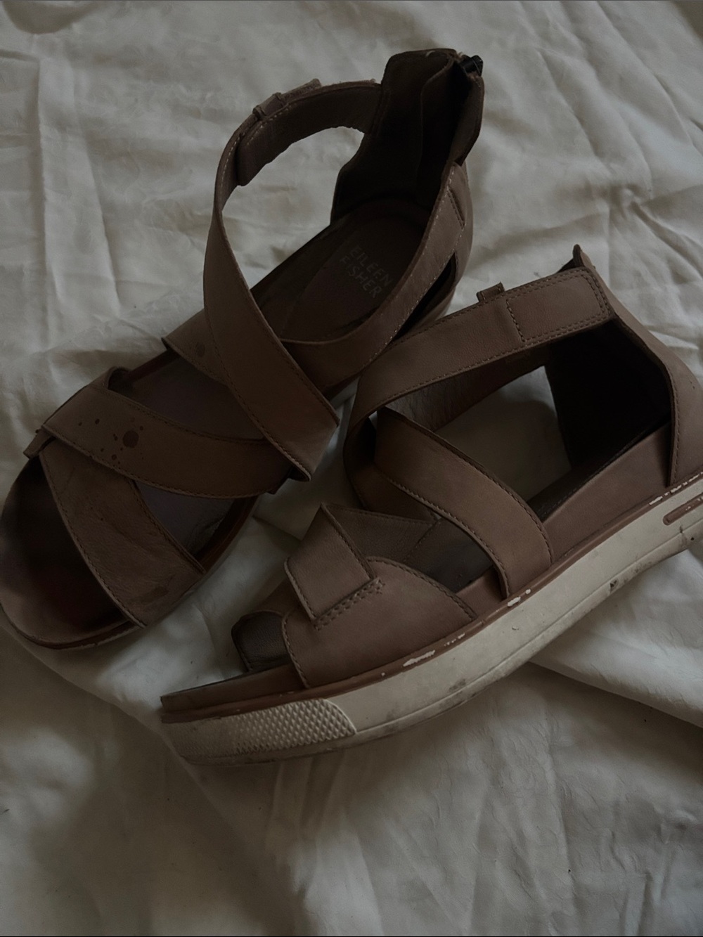 Eileen Fisher Taupe Leather Platform Sandals, Sz 7.5